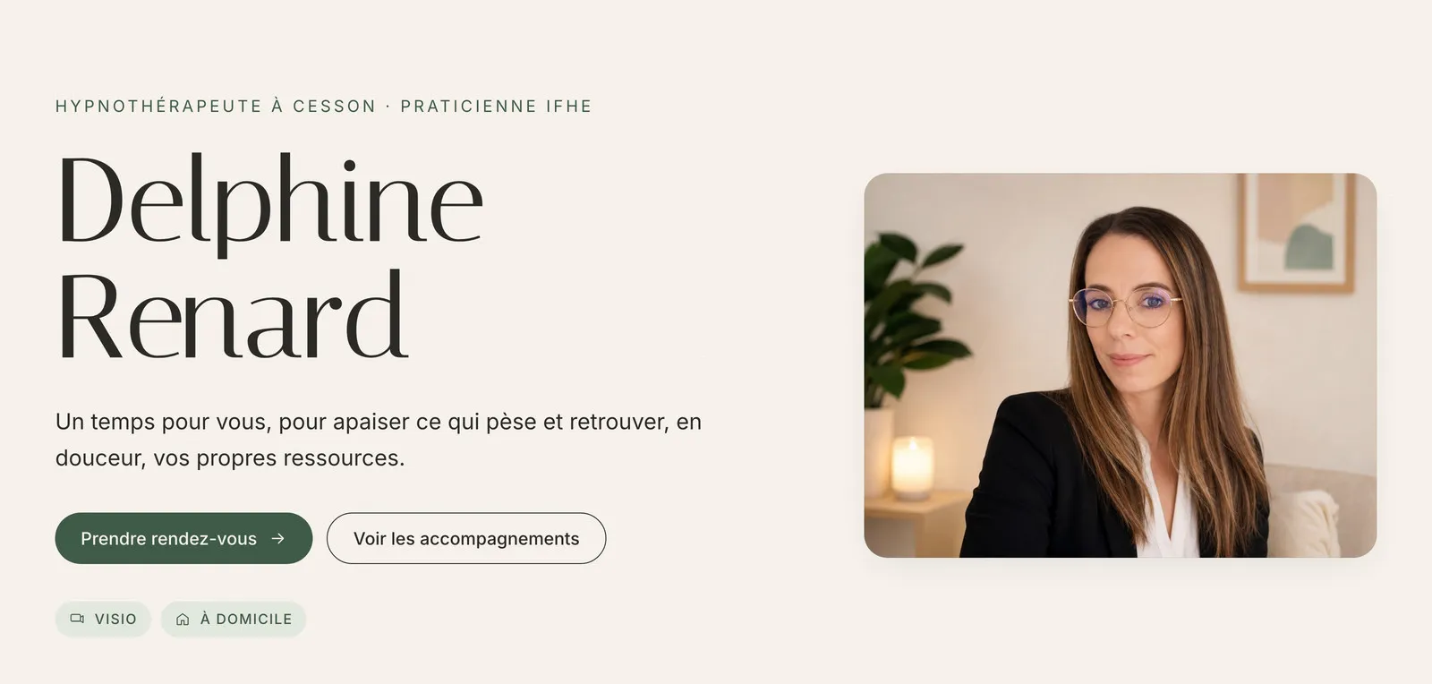 Page d’accueil du site de Delphine Renard, hypnothérapeute à Cesson, réalisé par web mate