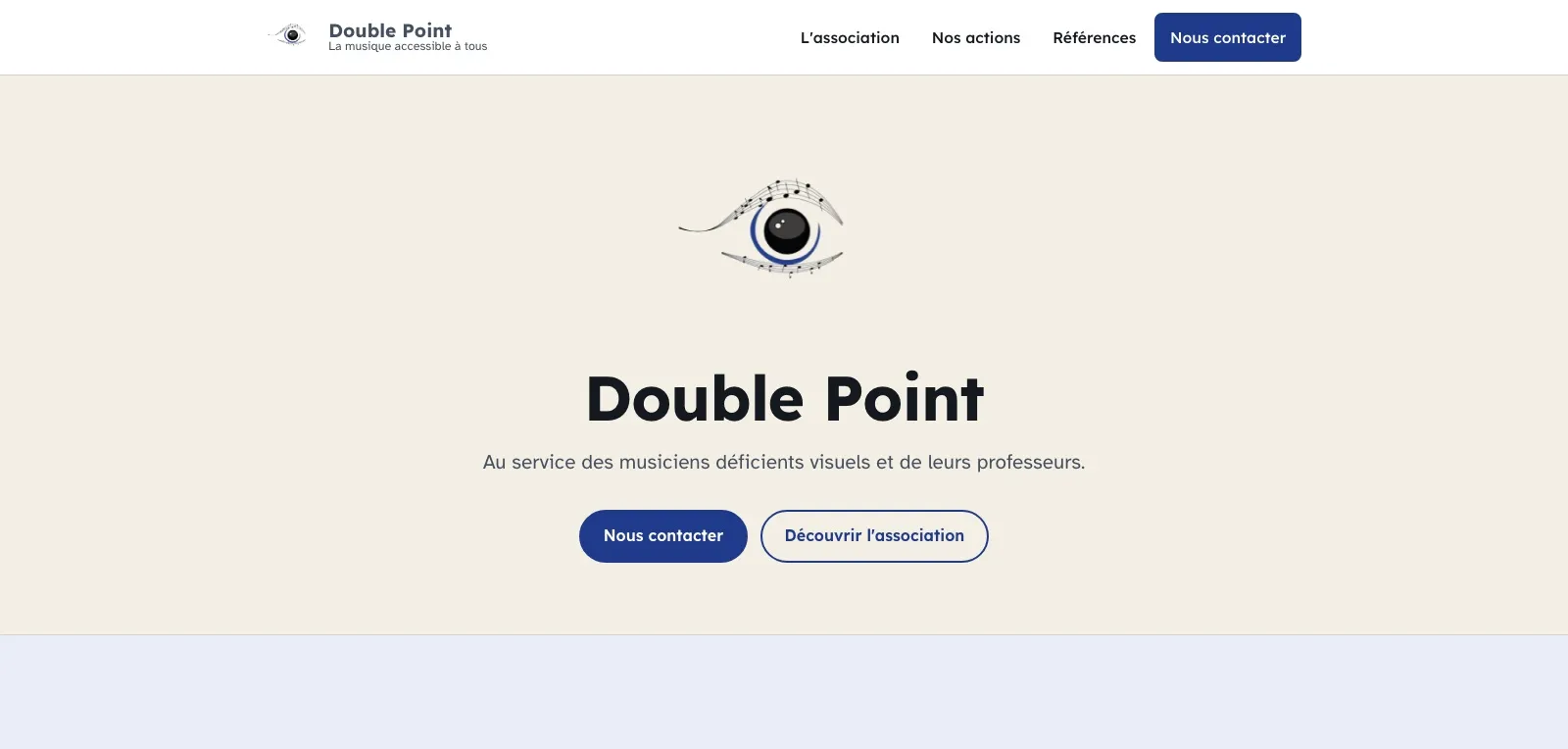 Page d’accueil du site de l’association Double Point, au service des musiciens déficients visuels, réalisé par web mate