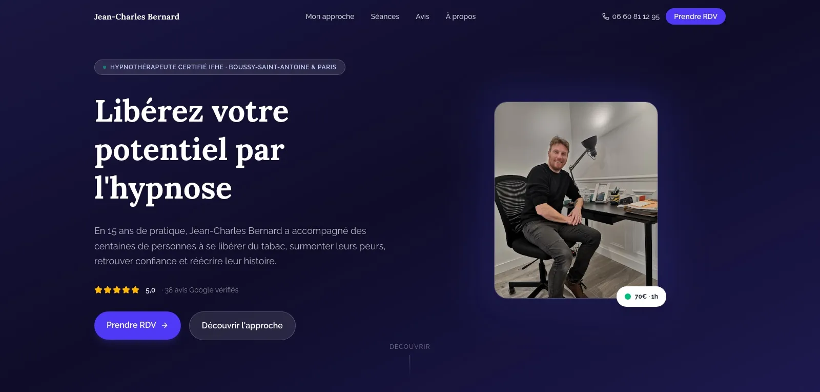 Page d’accueil du site de Jean-Charles Bernard, hypnothérapeute à Boussy-Saint-Antoine et Paris, réalisé par web mate