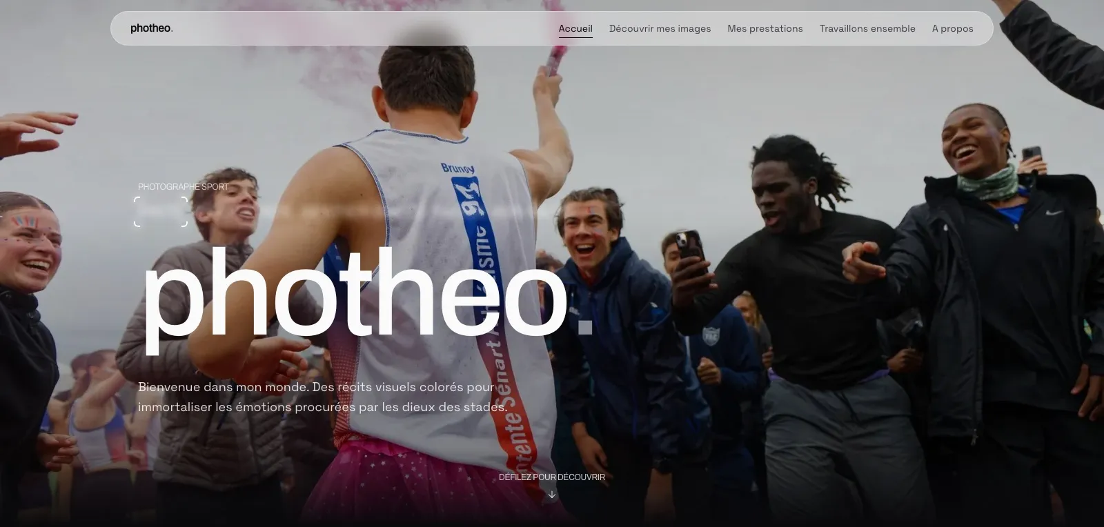 Page d’accueil de photheo.fr, portfolio de Théo, photographe de sport, réalisé par web mate